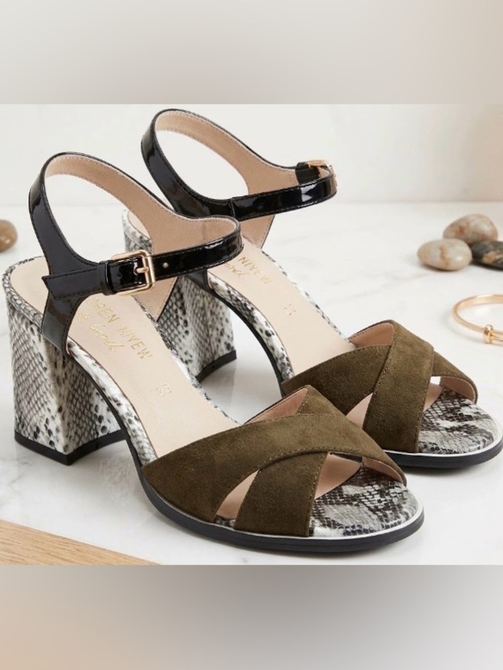 Chelsea Crew Olive Suede/Snake-Print Block Heel Sandals: Size 7